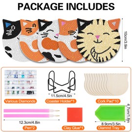 Pack of 10 Diamond Painting Coasters with Holder, Diamond Cup Coasters, Diamond Painting Adults for Crafts, DIY 5D Cat Coasters, Non-Slip for Beginners, Adults and Children