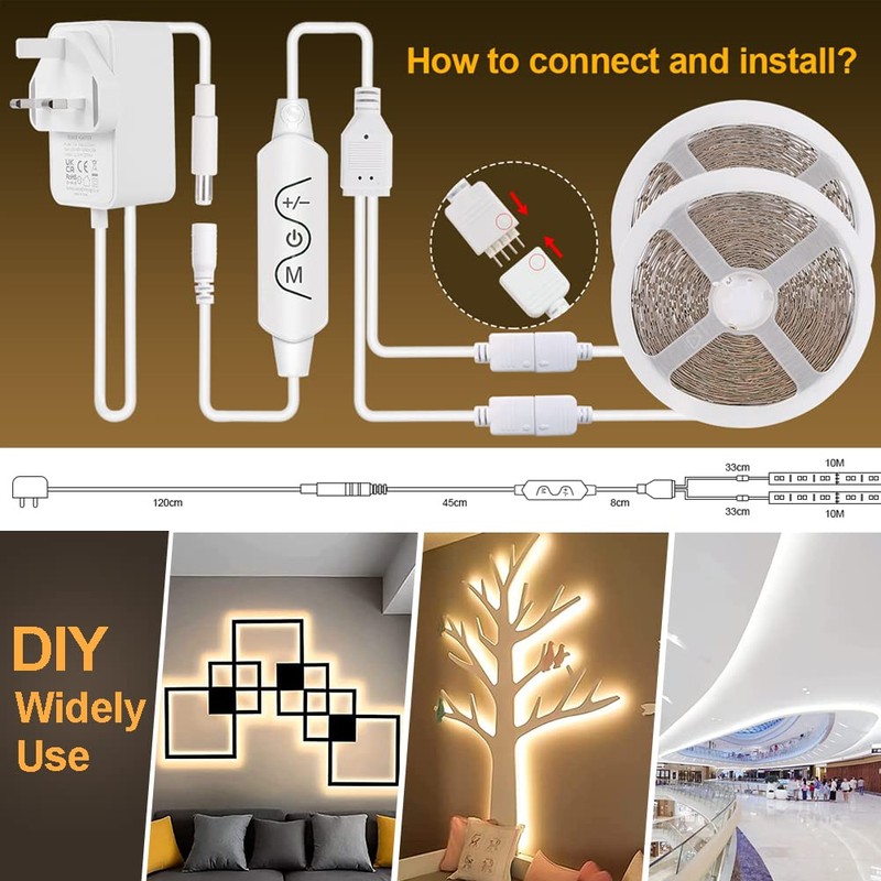 Wefomey White LED Strip Light 20M 1200 LEDs, 7200lm Dimmable