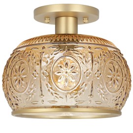 OIYIO Brushed Brass Semi Flush Mount Ceiling Light with Amber Globe Glass Shade, Modern Hallway Lighting Fixtures, Vintage Ceiling Light for Kitchen, Bedroom, Closet, Entryway, Porch