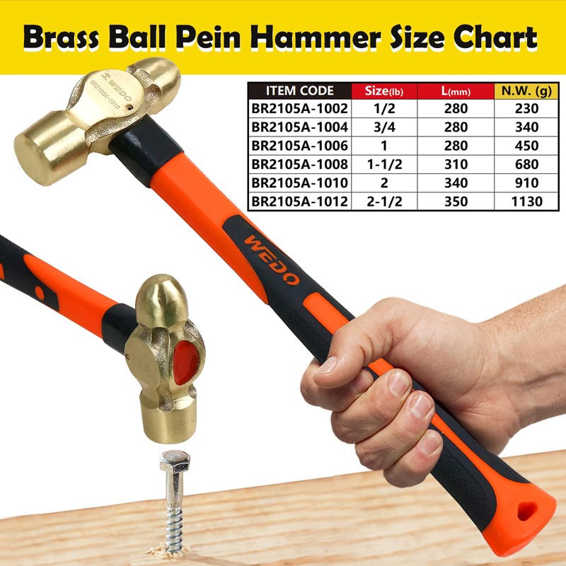 WEDO Brass Ball Peen Hammer with Fiberglass Handle,Ball Pein Hammer,