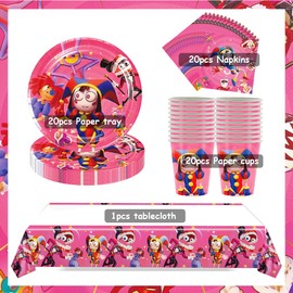 The Amazing Digital Circus Party Tableware Set, Doyomtoy Serve 20 Guests Birthday Party Tableware, Tablecloths, Plates, Cups, Napkins for Party Supplies Birthday