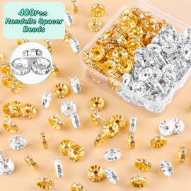 Pack of 400 10 mm Glass Beads, Metal Spacer Beads for Threading, Rondelle Rhinestone Spacer Beads, Crystal Loose Round Beads for DIY Bracelets, Earrings, Necklace, Jewellery Decorations