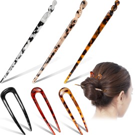 6 Pieces Tortoise Shell Hairpins Set, Include 3 Pieces Tortoise Acetate Hair Sticks Leopard Hair Chopstick, 3 Pieces U-shaped Hair Pin Tortoise Hair Fork Hair Accessories for Women Girls Hair Styling