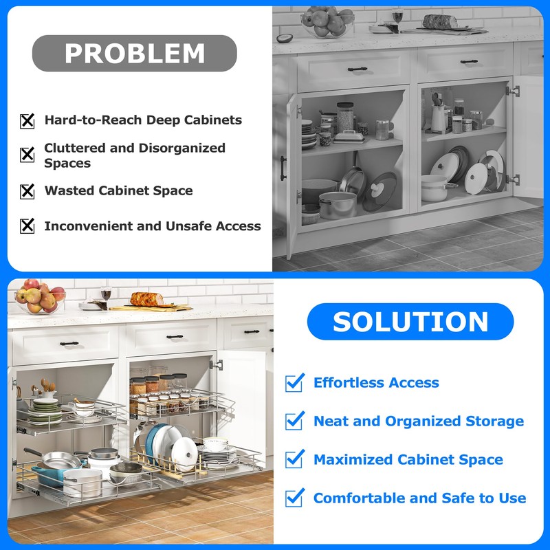 WelFurGeer 2-Tier Kitchen Cabinet Pullout Shelf and Drawer Organizer, Soft