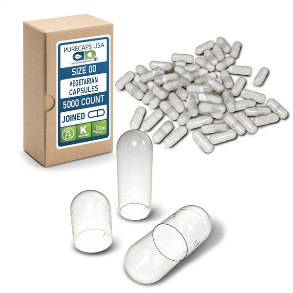 PureCaps USA - Size 00 Empty Clear Vegetarian and Vegan Pill Capsules - Fast Dissolving and Easily Digestible - Preservative Free with Natural Ingredients - (5,000 Joined Capsules)