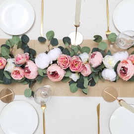 Floweroyal 2 Pack Artificial Flower Garlands 11.2FT Eucalyptus Garlands with Flowers 8 Head Peony Flower Vine Faux Floral Garland for Wedding Arch Table Wall Backdrop Wreath Decoration. (Pink & White)