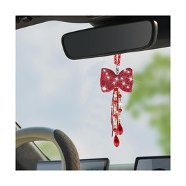 Sandfren Bling Bow Car Rear View Mirror Pendant, Cute Crystal Rhinestone Vehicle Rearview Mirror Hanging Ornament, Diamond Auto Interior Decoration Charms, Universal for Truck SUV Sedan (Red)