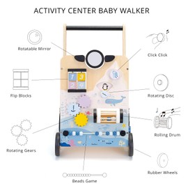 PairPear Wooden Baby Walker, Baby Push Walker Activity Center Toys,Montessori Walker Toy with Shape Sorter, Adjustable Speed Activity Walker Toys Gift for Boys Girls 1 2 3 Year Old（Polar Region）