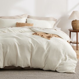 Bedsure Luxury Waffle Duvet Cover Queen Size - Textured Duvet Cover Set, Soft, Breathable Comforter Cover (90"x90") with 2 Pillow Shams for All Season, Irovy White, Comforter Not Included