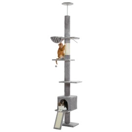 PEQULTI Floor to Ceiling Cat Tree, Tall Cat Tower, Adjustable Height (83''-108'') 5 Levels Climbing Tree for Indoor Cats with Cat Condo, Cozy Hammock and Scratching Post, Grey