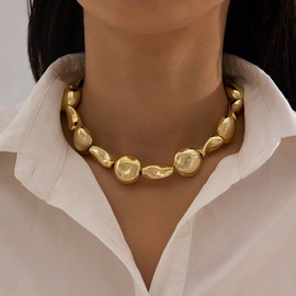 PLOUTOS Chunky Nugget Bead Choker Necklace for Women Statement Fashion Jewelry Bold Gold Tone Resin Beads Crystal Accent Beaded Option Adjustable (Gold)