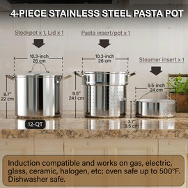 Cooks Standard Pasta Pot 18/10 Stainless Steel 12 Quart, Spaghetti Cooker Steamer Stock Pot Multipots with Strainer Insert, Stainless Steel Lid, 4-Piece Set