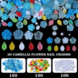 400 Pieces Camellia Flower Nail Charms for Acrylic Nails 3D Rose Floral Nail Gems Pink Leaf Nail Accessories White Pearls Nail Supplies for Women Nail Art Design (Blue)