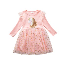 Flenwgo Toddler Girls Long Sleeve Autumn Spring Dress Casual Outfits Party Tutu Dress Sparkle Unicorn-Pink 5 Years