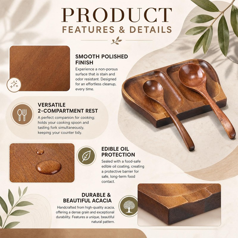 Domensi Large Acacia Wood Spoon Rest for Stove Top, 8.5