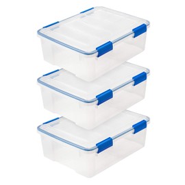 IRIS USA 26.5 Quart WeatherPro Plastic Storage Bin Tote Organizing Container with Durable Lid and Seal and Secure Latching Buckles, Clear With Blue Buckles, 26.5 Quart - 3 Pack