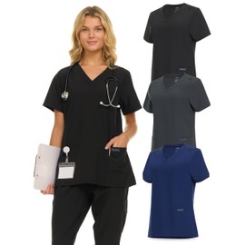 Nautica 3 Pack Scrub Tops for Women, Stretch Fabric Breathable V-Neck Womens Scrub Shirts, 3 Pocket Comfortable Scrub Tops