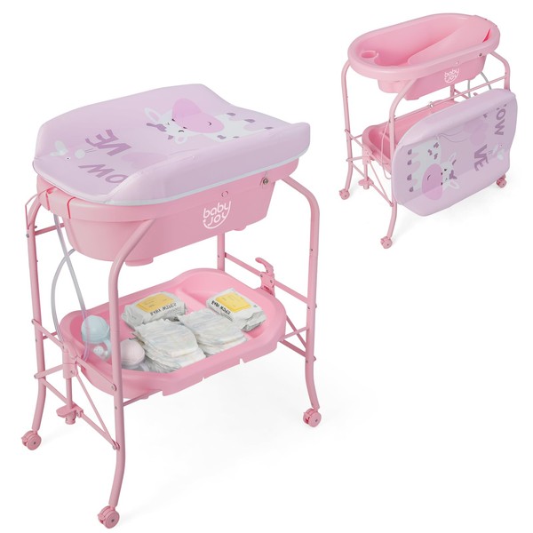 BABY JOY Baby Bathtub with Changing Table, Foldable Infant Diaper