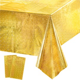Glitter Gold Party Table Cloth - GREATRIL 2 Packs Disposable Plastic Rectangular Tablecover for Pizza/St Patrick’s Day/Luau/Hawaiian Party Decorations