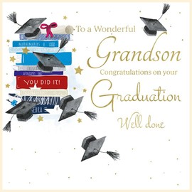 Rush Design Wonderful Grandson Graduation Congratulations Card - Mortarboard Hats and Books with Flitter Details and Embellishments - Eco-Friendly and Recyclable