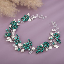 Teyglen Flower Bride Wedding Hair Vine Silver Leaf Rhinestone Headpiece Bridal Long Crystal and Pearl Headband Handmade Hair Piece Hair Accessories for Women Girls (Green)