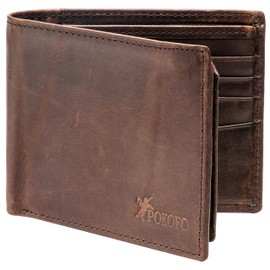 POKOFO RFID Blocking Genuine Leather Bifold Wallet for Men with Zipper and 2 ID Windows (Dark brown)