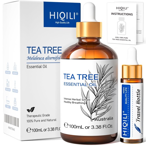 HIQILI Tea Tree Essential Oil (100 ML),100% Pure Organic Therapeutic Grade for Toenail Fungus,Hair Damage,Skin Problems,Add to Shampoo,Body Wash - 3.38 Fl. Oz