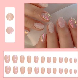 24Pcs Flower Press on Nails Short, Almond Fake Nails French Tip Glossy Nude False Nails with Elegant Purple Flower Design, Acrylic Full Cover Glue on Nails for Women and Girls