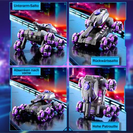 Wenosda Remote Controlled Car from 4 5 6 8 10 Years, RC Stunt Car with Hand Control, with LED Light, Music, RC Drift Car with 360° Rotating Tank, Remote Controlled Tank Toy Car from 4-12 Years