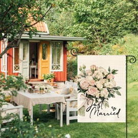 AVOIN colorlife Just Married Wedding Garden Flag 12x18 Inch Double Sided Outside, Floral Marriage Welcome Romantic Yard Outdoor Decoration