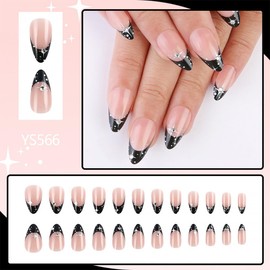 24Pcs Star Press on Nails Medium Almond Fake Nails Black French Tip False Nails with Round Silver Rhinestones Design Full Cover Glue on Nails Nude Artificial Nails Glitter Stick on Nails for Women DIY