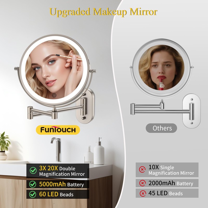 FUNTOUCH 3X/20X Wall Mounted Lighted Makeup Mirror,5000mAh Rechargeable Double Sided