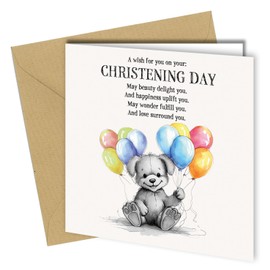 Oscar Finks Christening Greeting Card, Boy or Girl, Blank Inside, Unique Design, Sustainable Cardstock, Recyclable, with Cute Poem, Puppy Dog with Balloons #1663