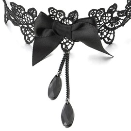 COOLSTEELANDBEYOND Gothic Victorian Nostalgic Women Black Lace Bow Choker Necklace with Black Chain Beads Charm Pendant(CA)