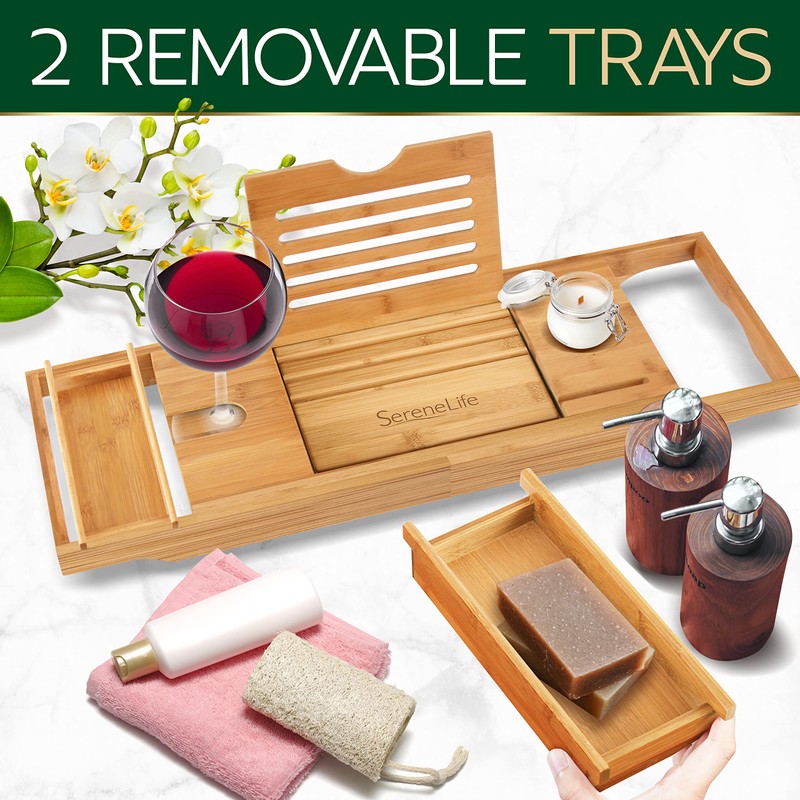 SereneLife Bath Caddy Breakfast Tray Combo - Natural Bamboo Wood