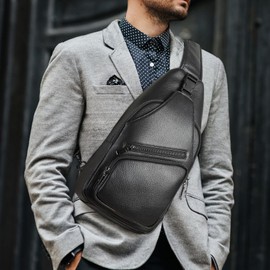 Polare Cowhide Italian Leather Sling Chest Shoulder Bag Waterproof Anti Theft Crossbody Casual Daypack (Black)