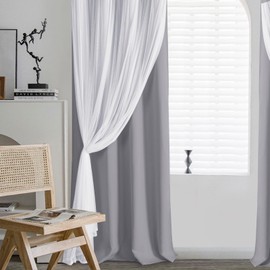 DWCN Layered Curtains for Living Room Blackout and Sheer Curtains with Tiebacks Grommet Top Curtain Panel Pair with Sheer Overlay for Bedroom, 38 W by 84 L, Grey