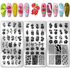 PH PandaHall 3 Stück Blume Zweige Muster Nagel Stempel Platte Rose Muster Nägel Schablonen Nagelbildplatte aus Edelstahl Blumen Print Art Vorlage für Frauen DIY Druck 12x6 cm