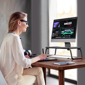 LORYERGO Wood Monitor Stand, Monitor Stand for Laptop, Desktop Organizer with Storage, Monitor Stand for Laptop/Computer/Printer in Office & Home, Wood & Black