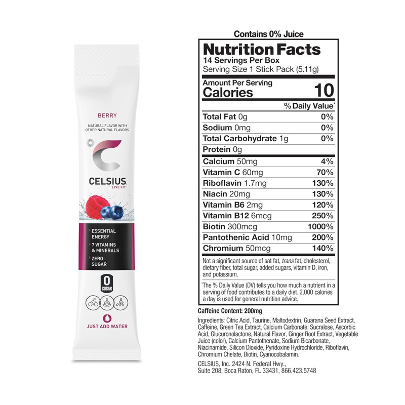 CELSIUS On-the-Go Powder Stick Packs, Zero Sugar (14 Sticks per