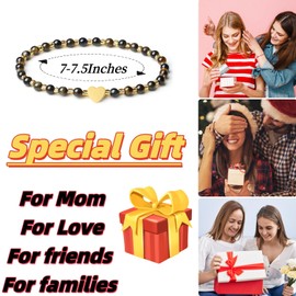 MetJakt Handmade Original 4mm Mini Gemstone Stretch Bracelet for Women with Natural Stone Healing Crystal and Gold Heart Beaded (Yellow Blue Tiger eye)