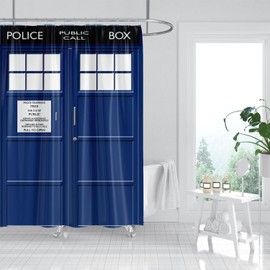 Tardis Police Call Box Shower Curtain, Blue Door Bathroom Decor Curtain with Hooks, Waterproof Washable 72 x 72 inches Funny Creative Gift for Kids Adults