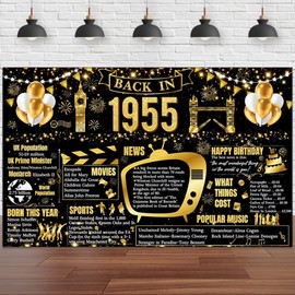70th Birthday Banner Black Gold, Back in 1955 Poster UK Backdrop Banner 1.8 x 1.1 m Happy 70th Birthday Decorations for Men Women,70 Years Old Anniversary Party Supplies