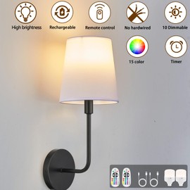 LEECOORA Rechargeable Battery Operated Wall Sconce Set of 2 - Dimmable Detachable 5200mAh Bulbs with Remote Control, 15 Color Options - No Hardwiring Required for Bedroom, Living Room, and Hallway