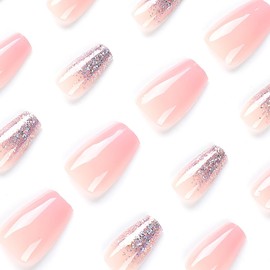 JUSTUSNX Square False Nails Pink Gradient False Nails Sequins Press on Nails for Women and Girls, Pack of 24