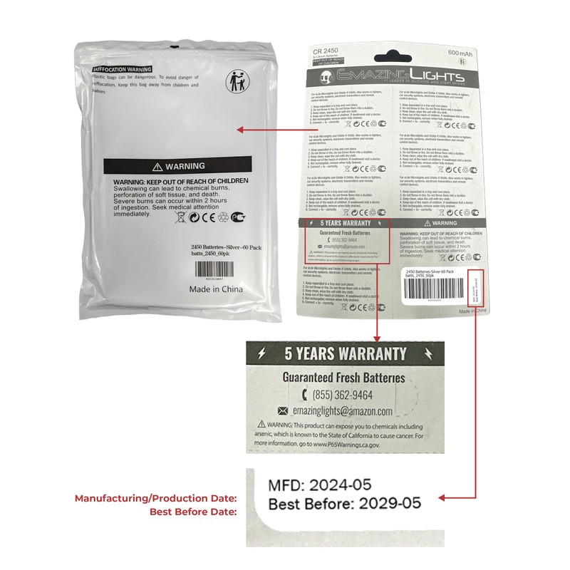 EmazingLights 60 Pack CR2450 Battery 3V Lithium Coin Cell Batteries