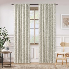 Lazzzy Linen Farmhouse Lined Curtains Green Floral 84 Inch Length Back Tab Drapes for Living Room Bedroom Flower Patterned Country Vintage 2 Panels Set Rod Pocket Green on Beige
