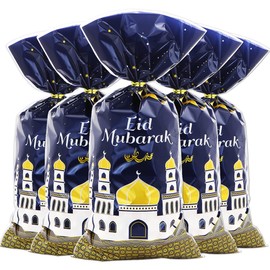 2023 Eid Mubarak Goodie Bags, 100 Pieces Muslim Castle Moon Star Pattern Ramadan Treat Bags Cellophane Bags Goody Favor Bags with Gold Twist Ties for Muslim Islamic Eid Iftar Diwali Party Kids Gifts
