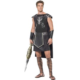 Smiffys Male Dark Gladiator Costume, Black Tunic with Cape and Arm Cuffs, Legends & Myths Fancy Dress, Adult Dress Up Costumes