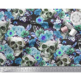 Soimoi Cotton Poplin Fabric Skull,Rose & Anemone Flower Fabric Prints By metre 42 Inch Wide